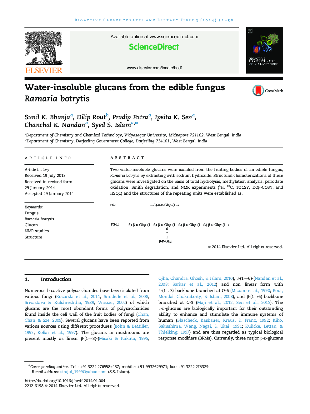 Water-insoluble glucans from the edible fungus Ramaria botrytis