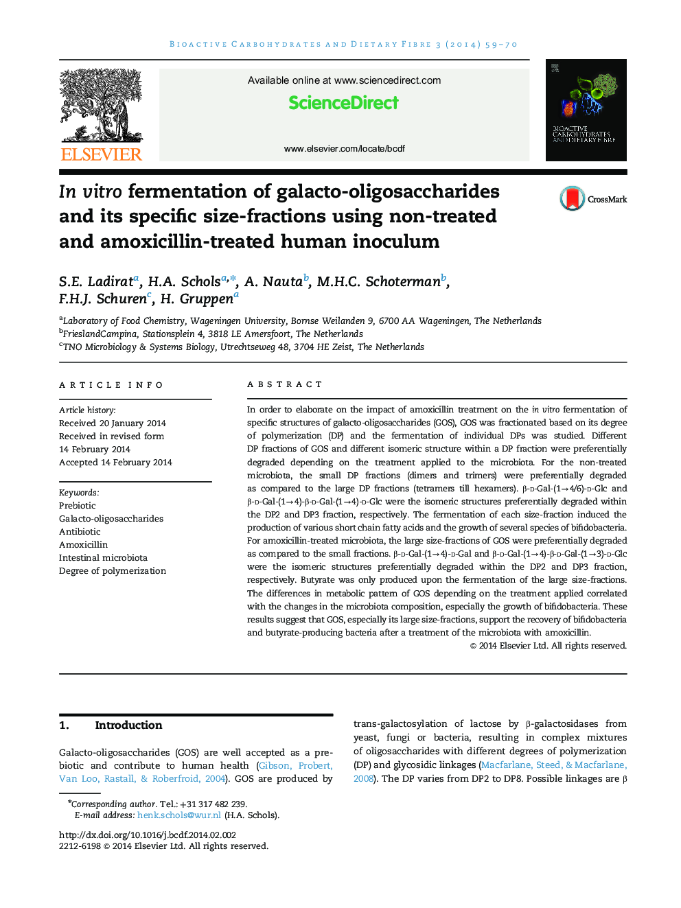 In vitro fermentation of galacto-oligosaccharides and its specific size-fractions using non-treated and amoxicillin-treated human inoculum