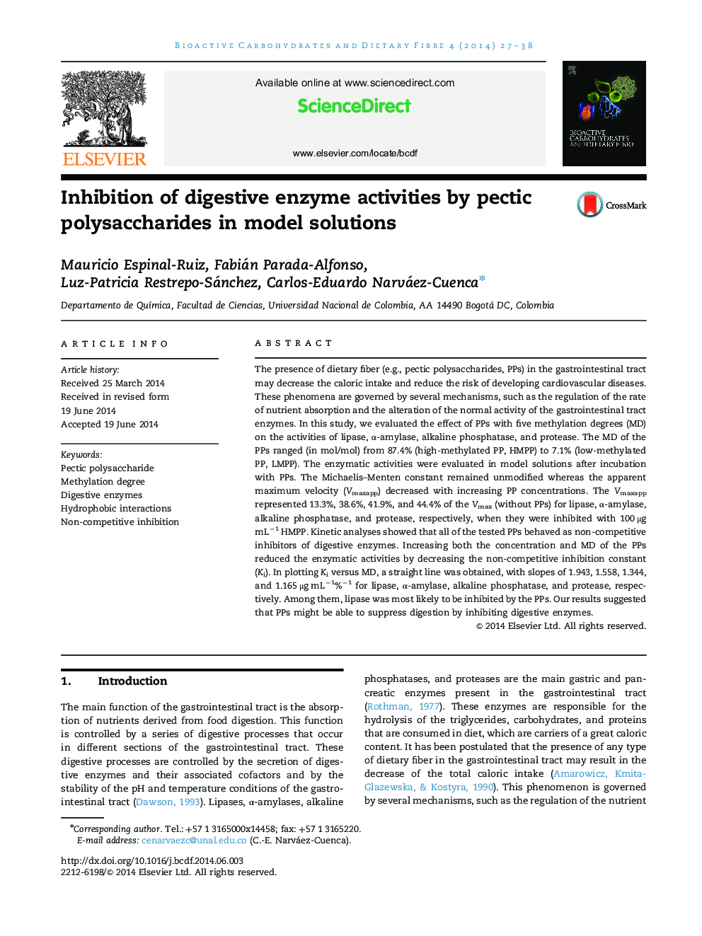 Inhibition of digestive enzyme activities by pectic polysaccharides in model solutions