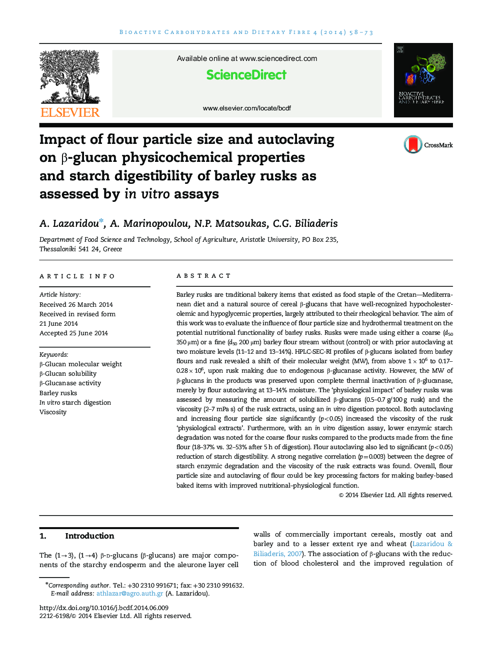 Impact of flour particle size and autoclaving on β-glucan physicochemical properties and starch digestibility of barley rusks as assessed by in vitro assays