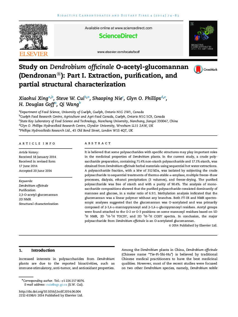 Study on Dendrobium officinale O-acetyl-glucomannan (Dendronan®): Part I. Extraction, purification, and partial structural characterization