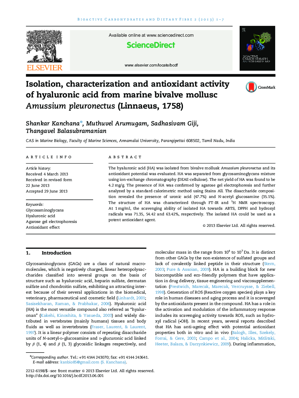 Isolation, characterization and antioxidant activity of hyaluronic acid from marine bivalve mollusc Amussium pleuronectus (Linnaeus, 1758)