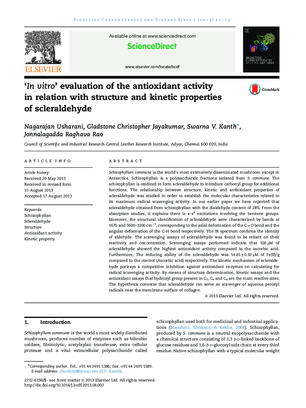 ‘In vitro’ evaluation of the antioxidant activity in relation with structure and kinetic properties of scleraldehyde