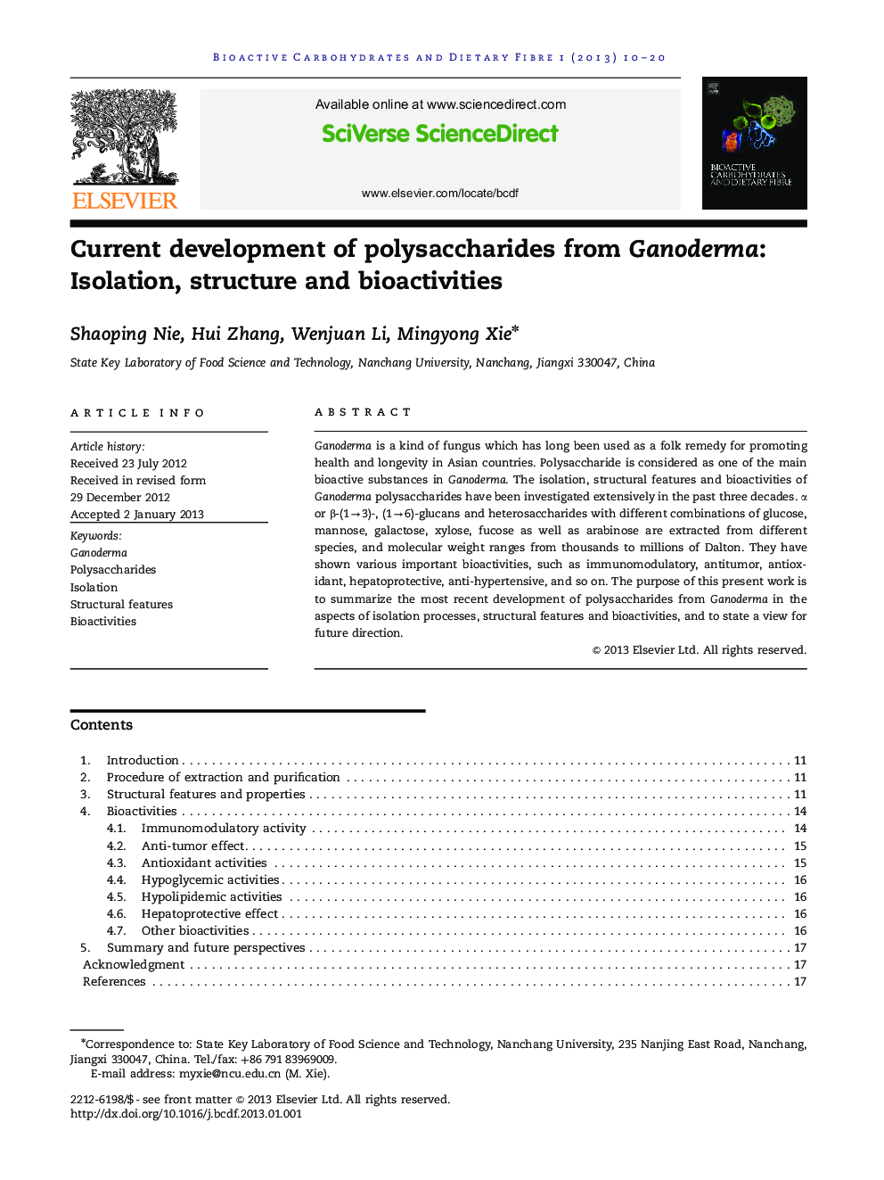 Current development of polysaccharides from Ganoderma: Isolation, structure and bioactivities