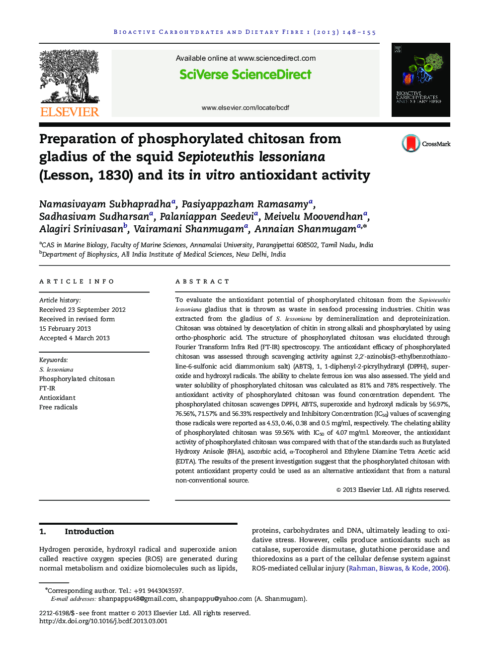 Preparation of phosphorylated chitosan from gladius of the squid Sepioteuthis lessoniana (Lesson, 1830) and its in vitro antioxidant activity