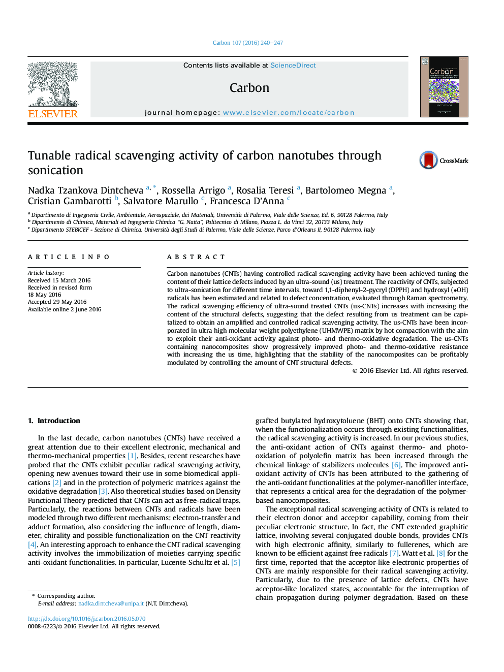 Tunable radical scavenging activity of carbon nanotubes through sonication