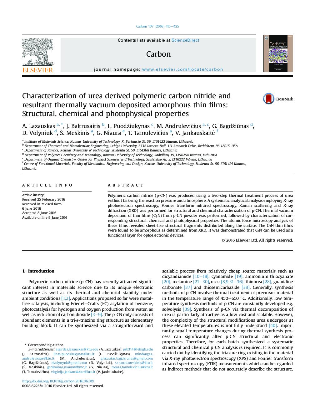 Characterization of urea derived polymeric carbon nitride and resultant thermally vacuum deposited amorphous thin films: Structural, chemical and photophysical properties