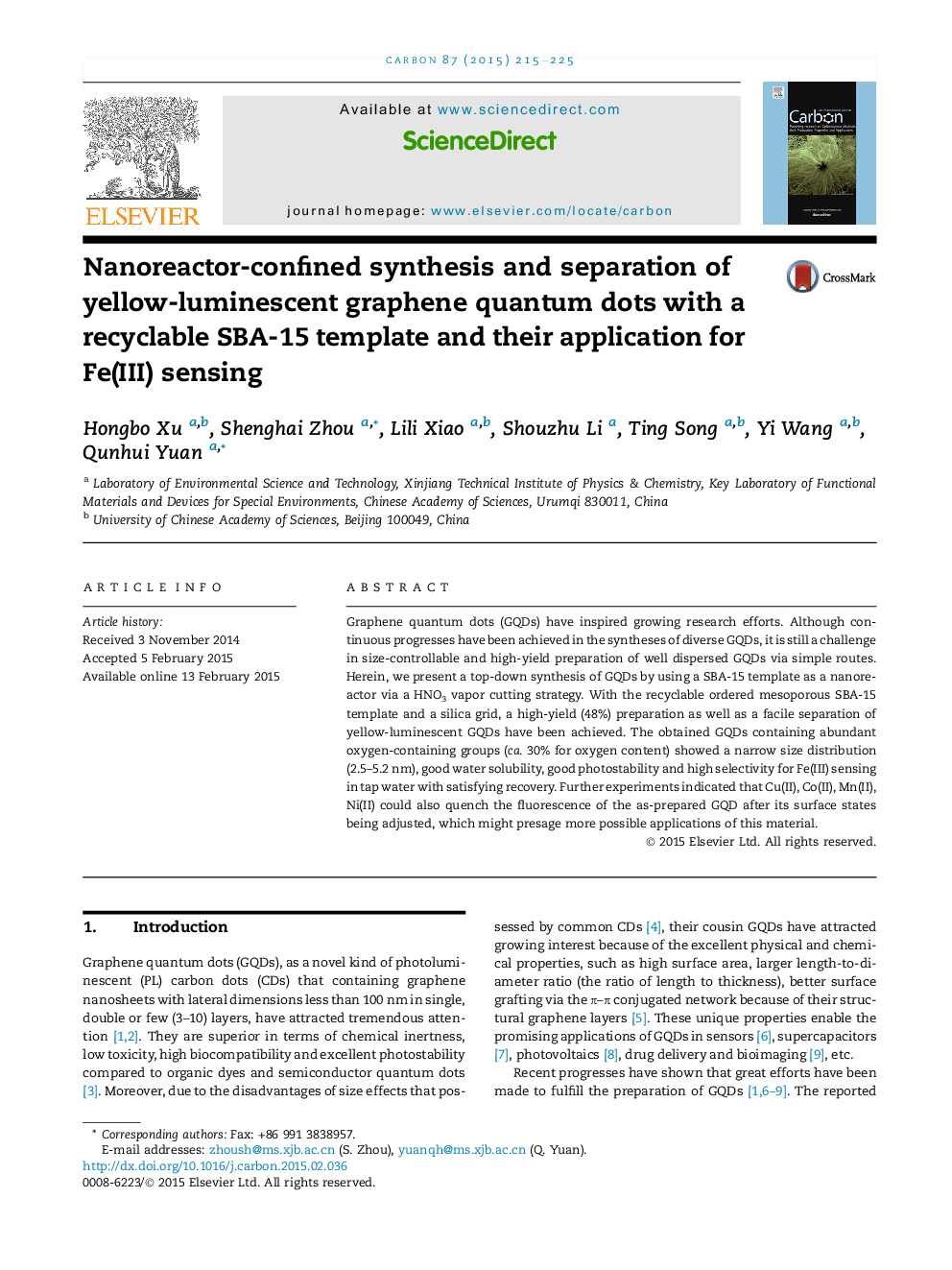 عکس صفحه اول مقاله: Nanoreactor-confined synthesis and separation of yellow-luminescent graphene quantum dots with a recyclable SBA-15 template and their application for Fe(III) sensing Nanoreactor-confined synthesis and separation of yellow-luminescent graphene quantum dots with a recyclable SBA-15 template and their application for Fe(III) sensing