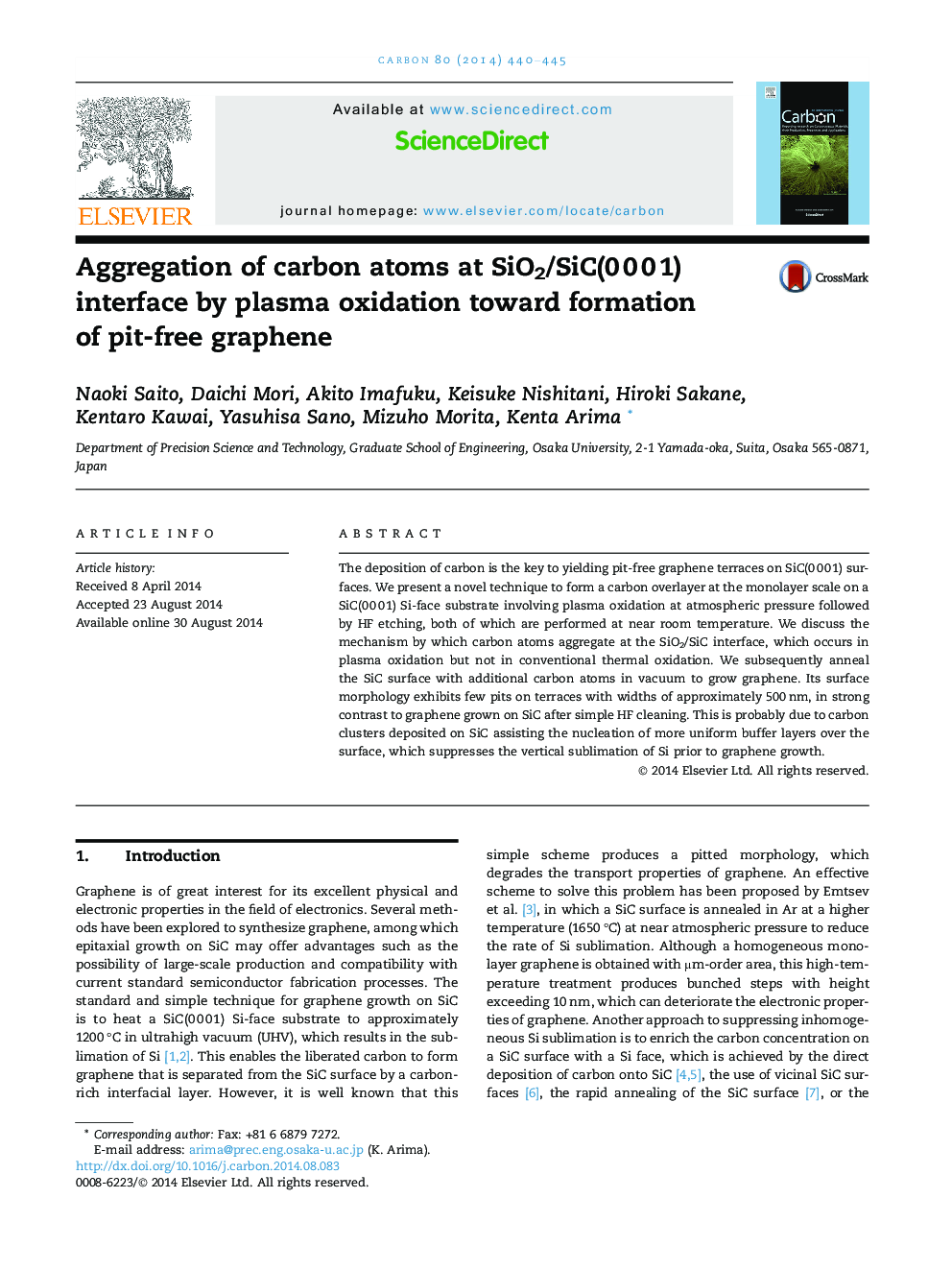 Aggregation of carbon atoms at SiO2/SiC(0 0 0 1) interface by plasma oxidation toward formation of pit-free graphene