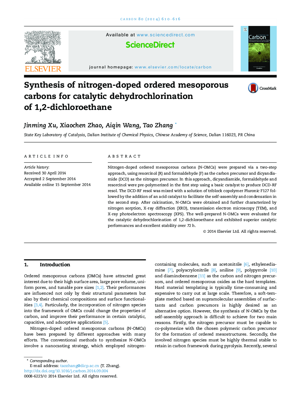 Synthesis of nitrogen-doped ordered mesoporous carbons for catalytic dehydrochlorination of 1,2-dichloroethane