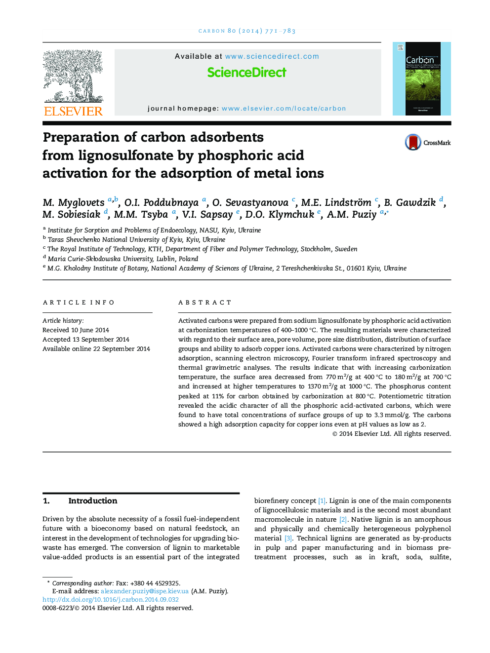 Preparation of carbon adsorbents from lignosulfonate by phosphoric acid activation for the adsorption of metal ions