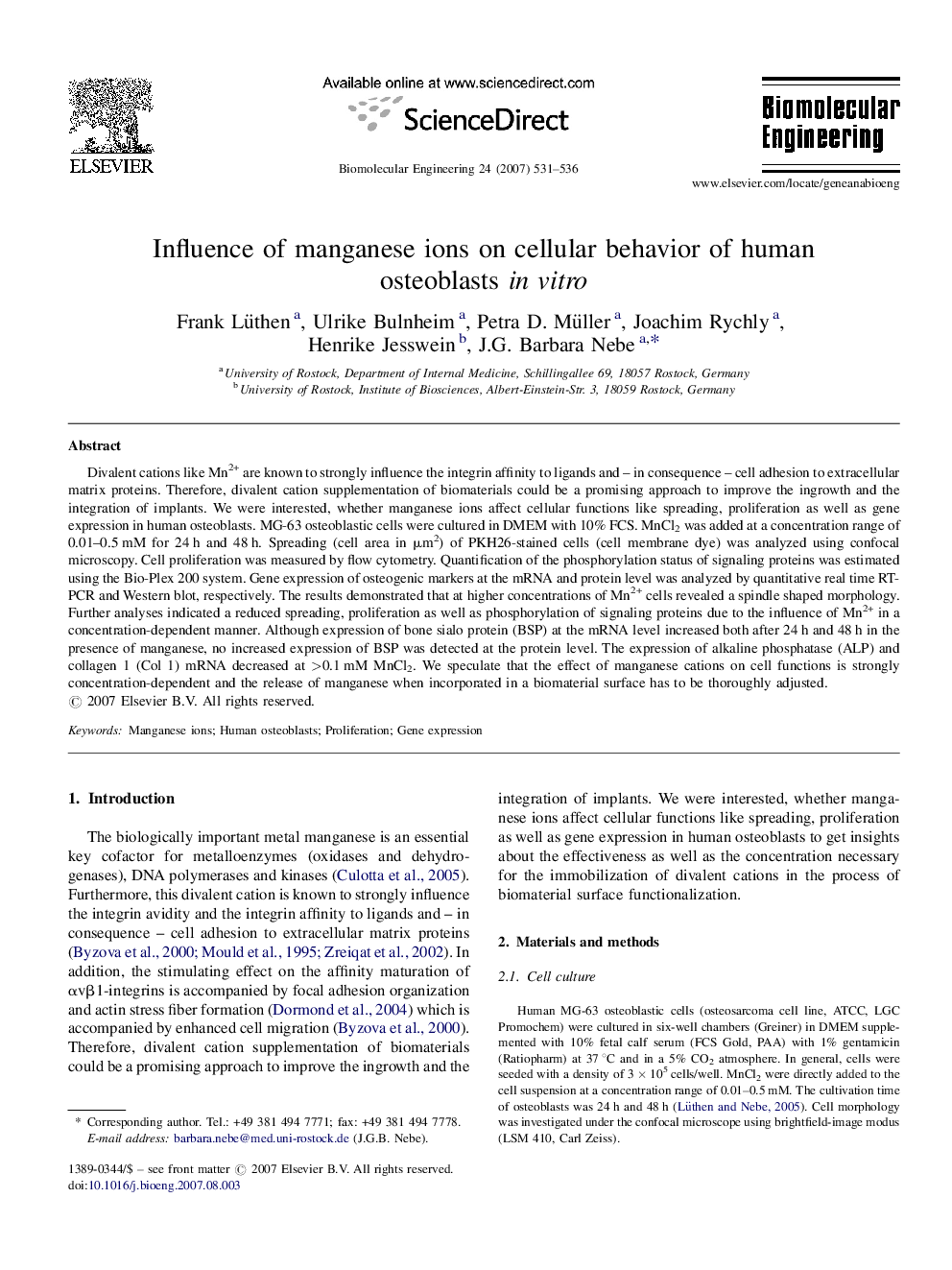 Influence of manganese ions on cellular behavior of human osteoblasts in vitro