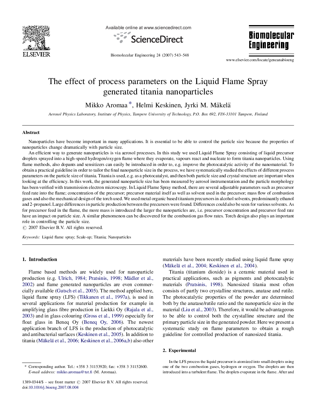 The effect of process parameters on the Liquid Flame Spray generated titania nanoparticles