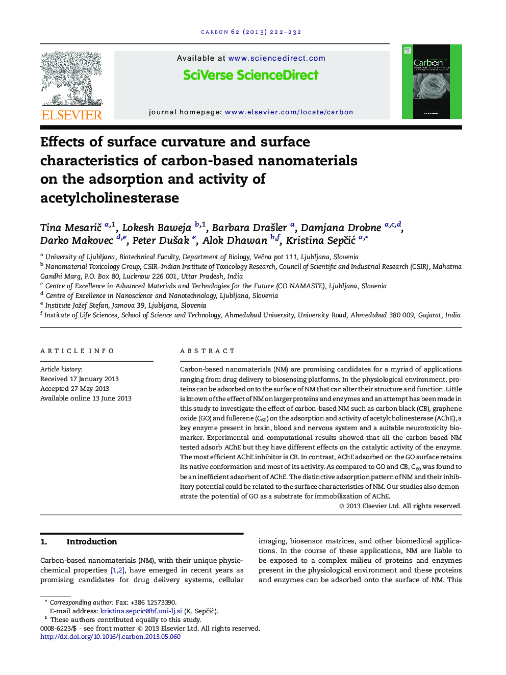 Effects of surface curvature and surface characteristics of carbon-based nanomaterials on the adsorption and activity of acetylcholinesterase