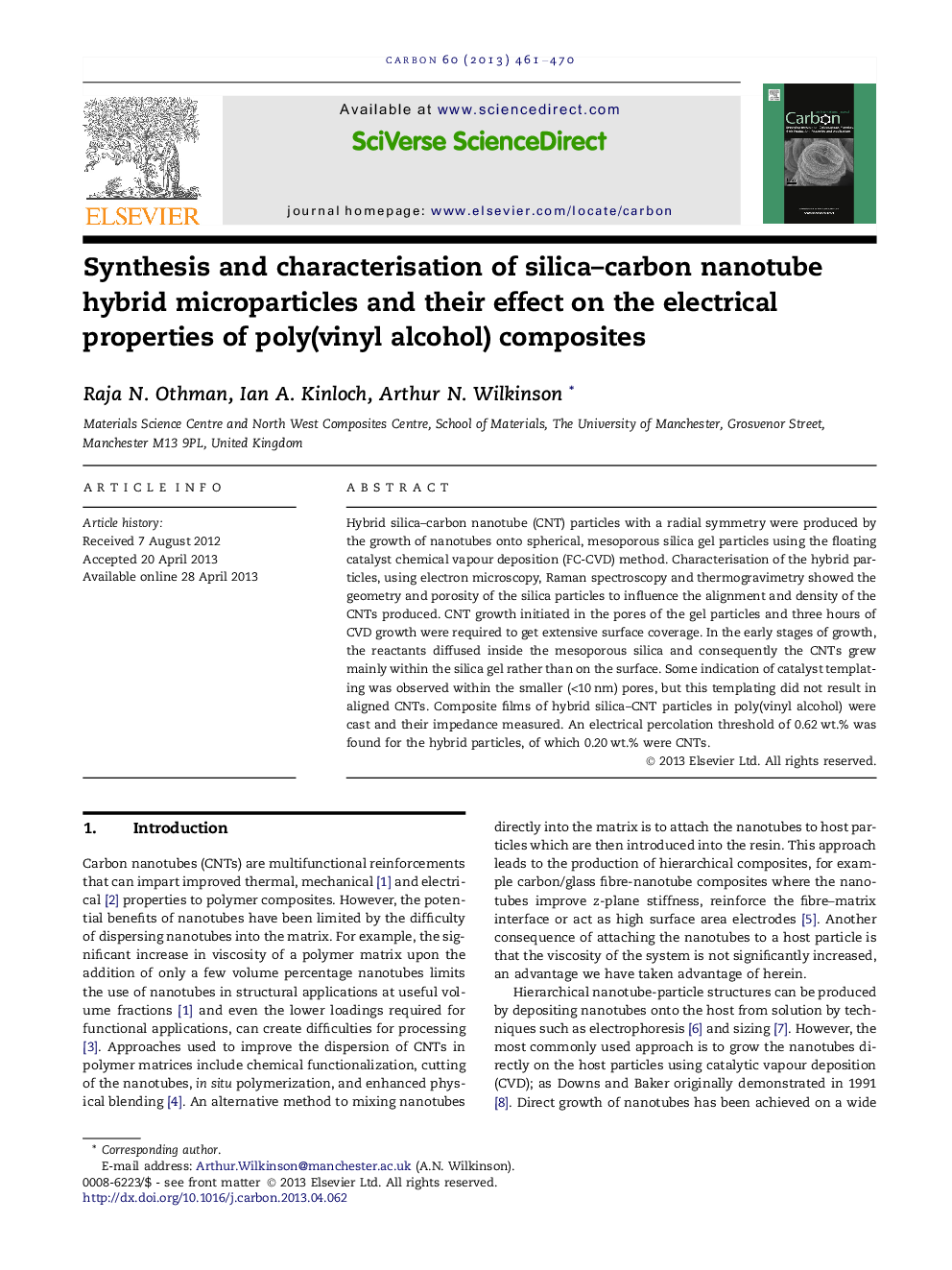 Synthesis and characterisation of silica–carbon nanotube hybrid microparticles and their effect on the electrical properties of poly(vinyl alcohol) composites