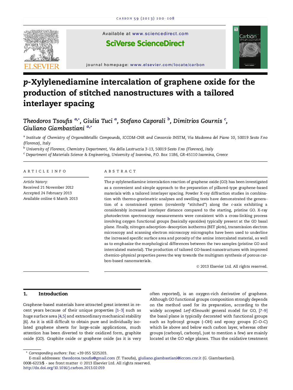 عکس صفحه اول مقاله: p-Xylylenediamine intercalation of graphene oxide for the production of stitched nanostructures with a tailored interlayer spacing p-Xylylenediamine intercalation of graphene oxide for the production of stitched nanostructures with a tailored interlayer spacing