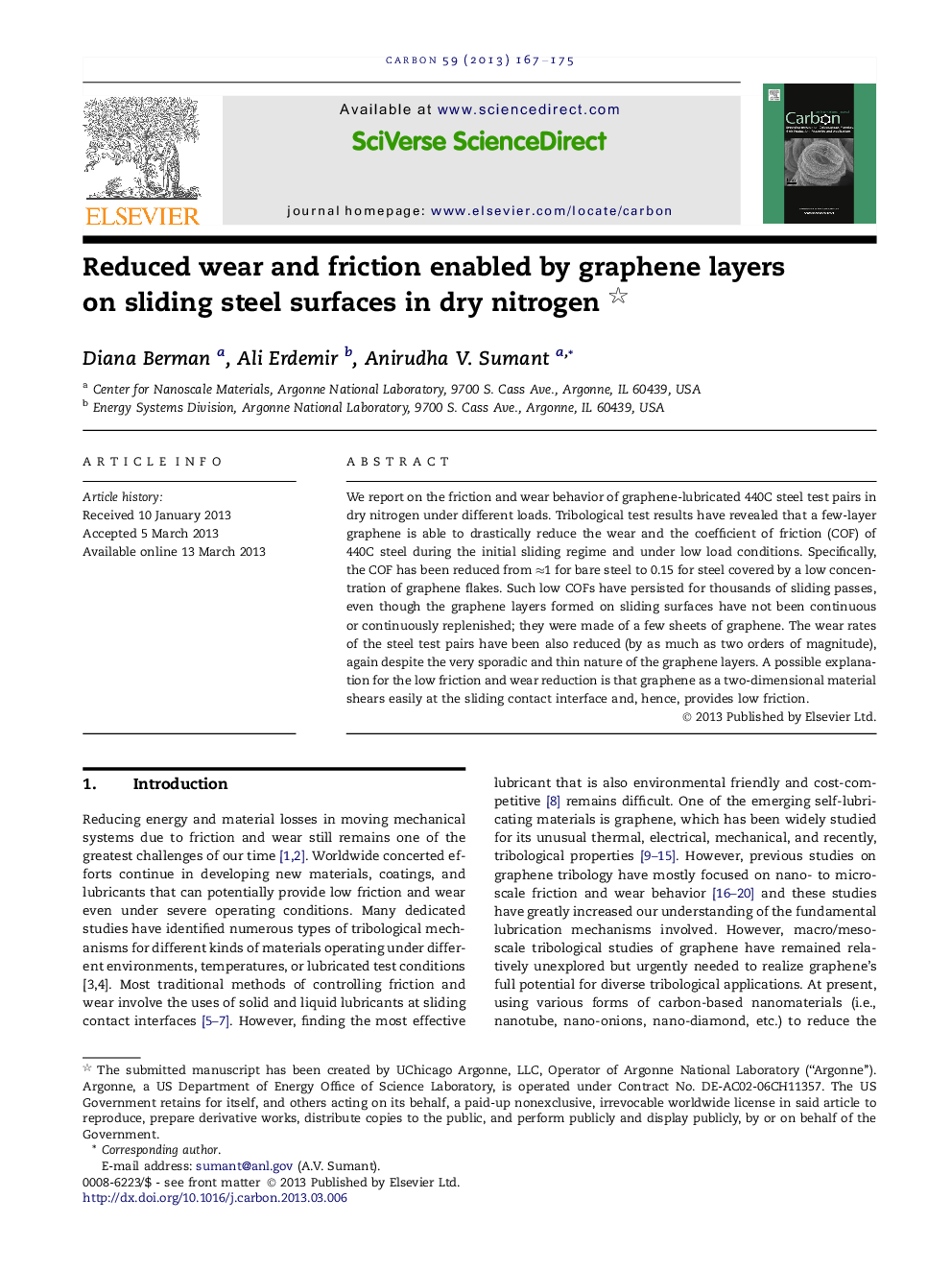 عکس صفحه اول مقاله: Reduced wear and friction enabled by graphene layers on sliding steel surfaces in dry nitrogen Reduced wear and friction enabled by graphene layers on sliding steel surfaces in dry nitrogen