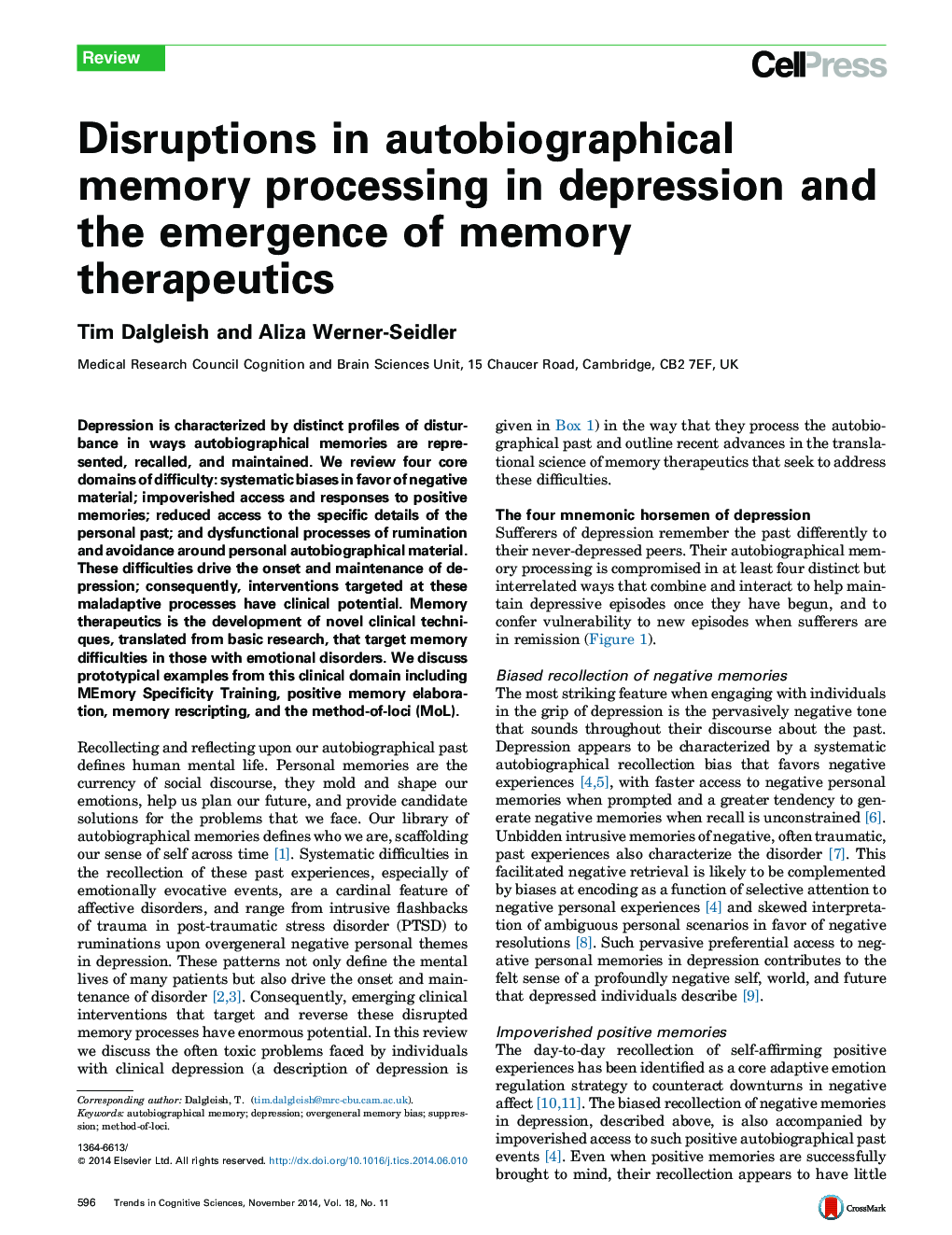 اختلال در پردازش حافظه مربوط به شرح حال خود در افسردگی و ظهور داروهای حافظه