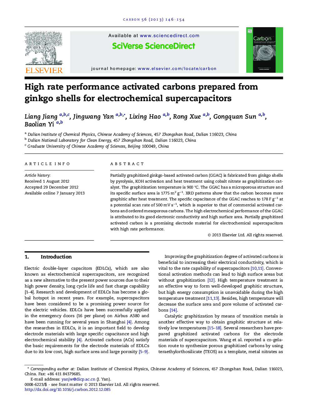 High rate performance activated carbons prepared from ginkgo shells for electrochemical supercapacitors