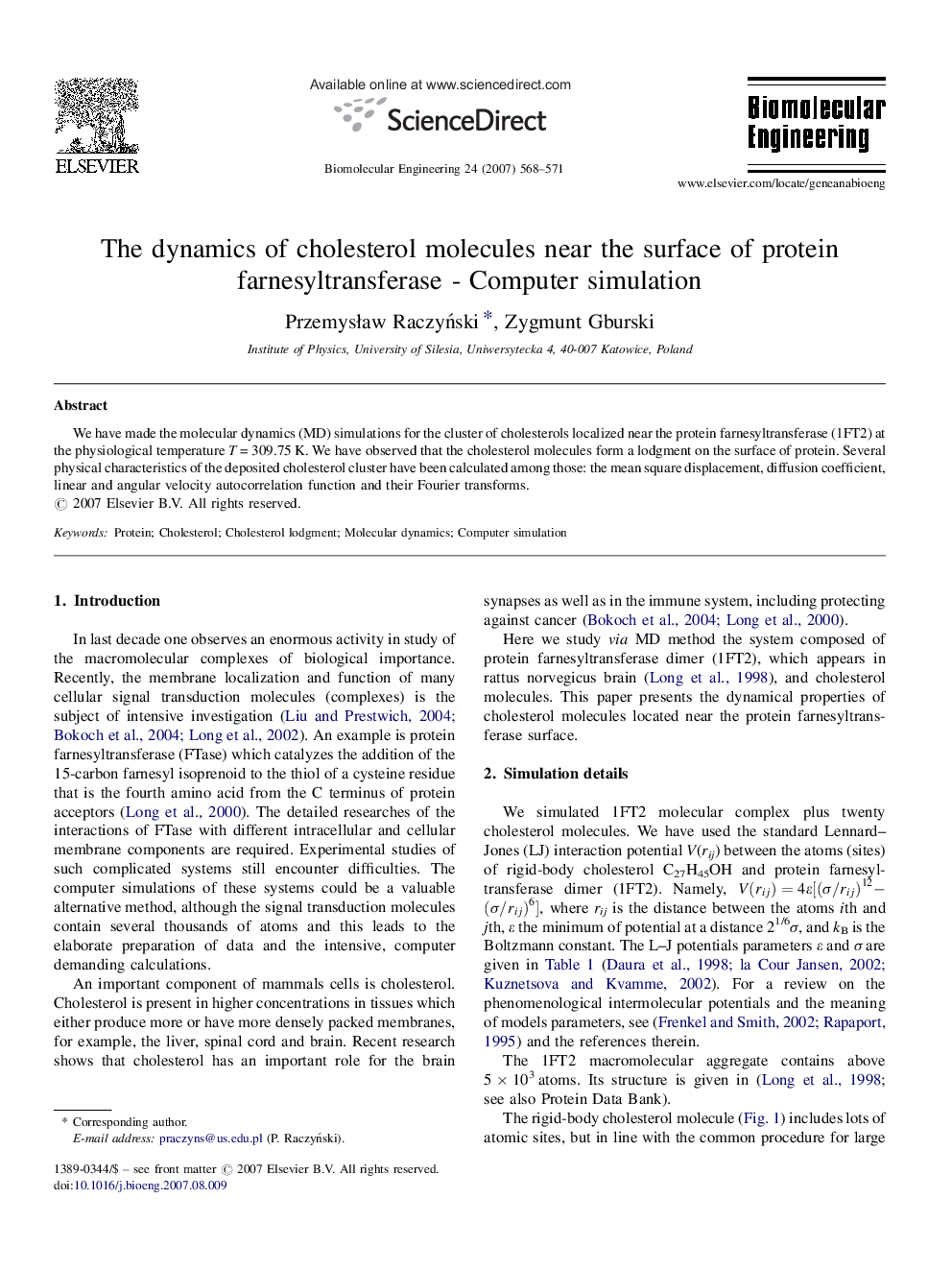 The dynamics of cholesterol molecules near the surface of protein farnesyltransferase - Computer simulation