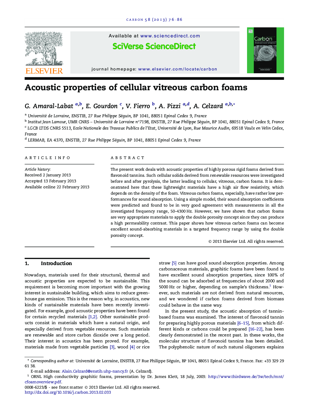 Acoustic properties of cellular vitreous carbon foams