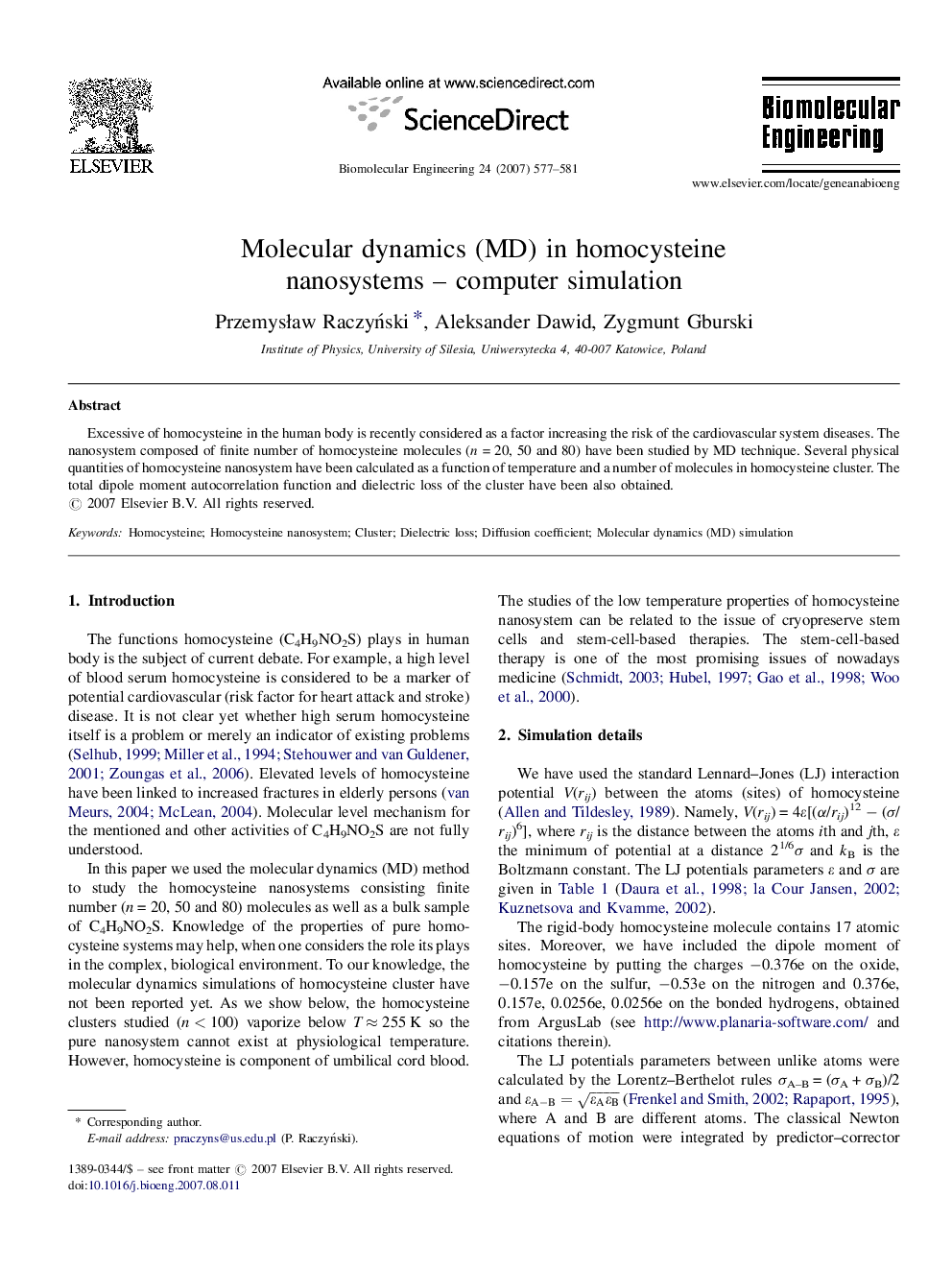 Molecular dynamics (MD) in homocysteine nanosystems – computer simulation