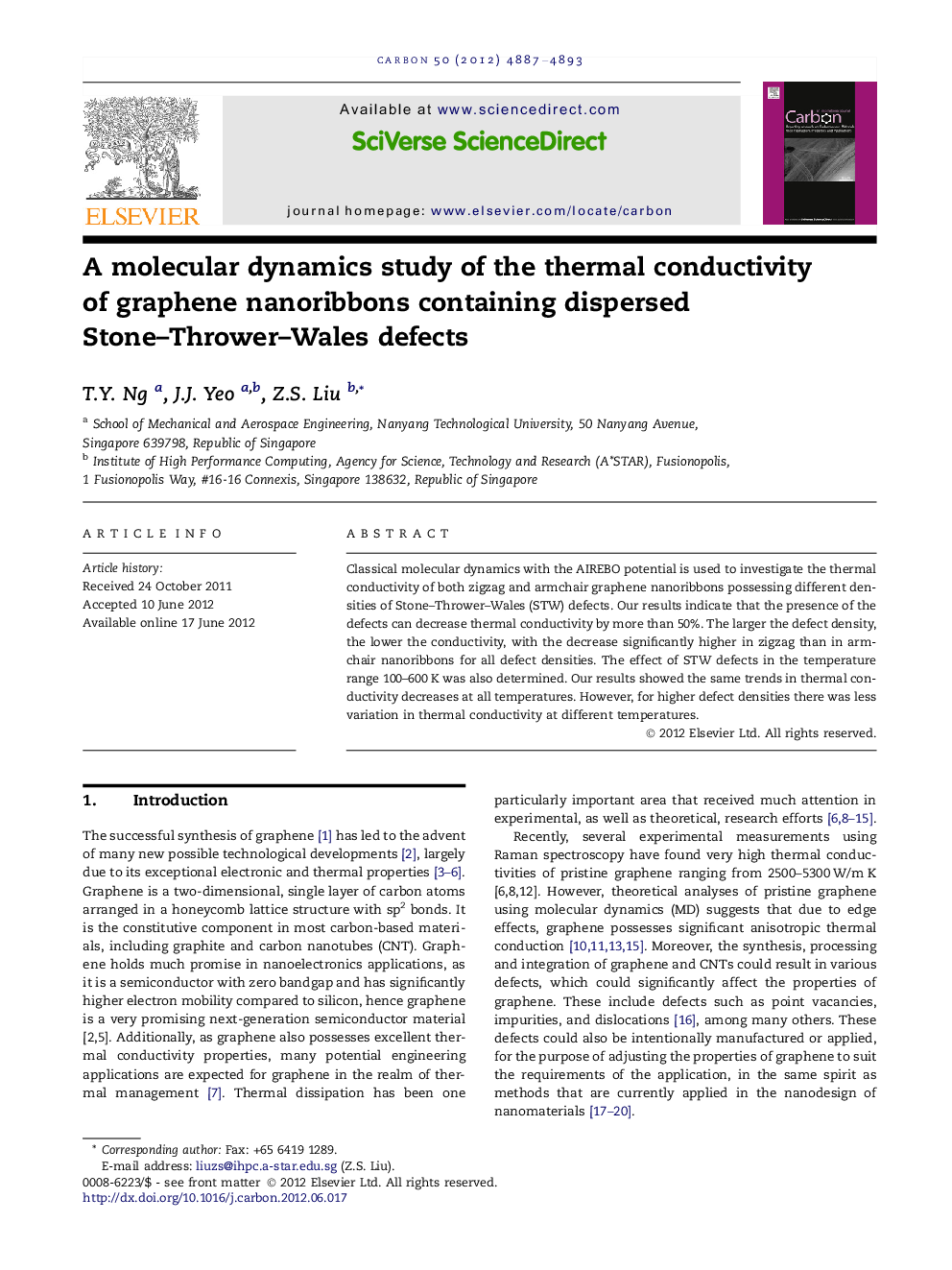عکس صفحه اول مقاله: A molecular dynamics study of the thermal conductivity of graphene nanoribbons containing dispersed Stone–Thrower–Wales defects A molecular dynamics study of the thermal conductivity of graphene nanoribbons containing dispersed Stone–Thrower–Wales defects