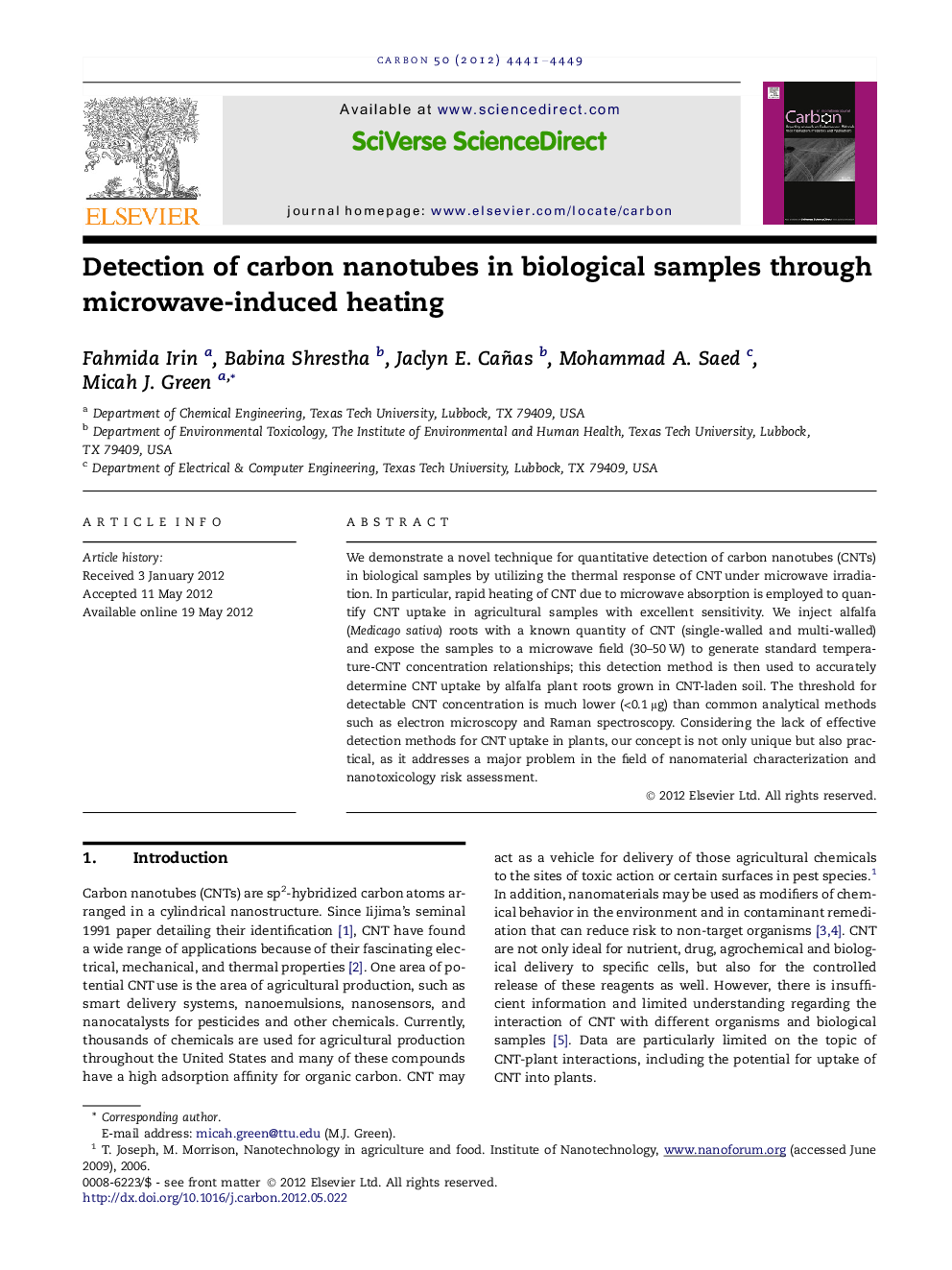 Detection of carbon nanotubes in biological samples through microwave-induced heating