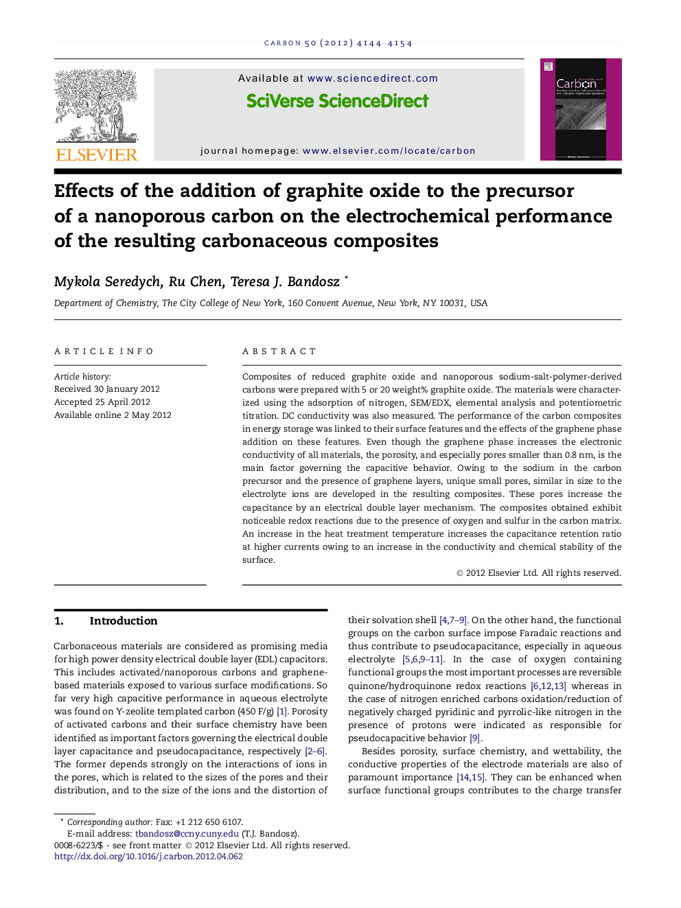 Effects of the addition of graphite oxide to the precursor of a nanoporous carbon on the electrochemical performance of the resulting carbonaceous composites
