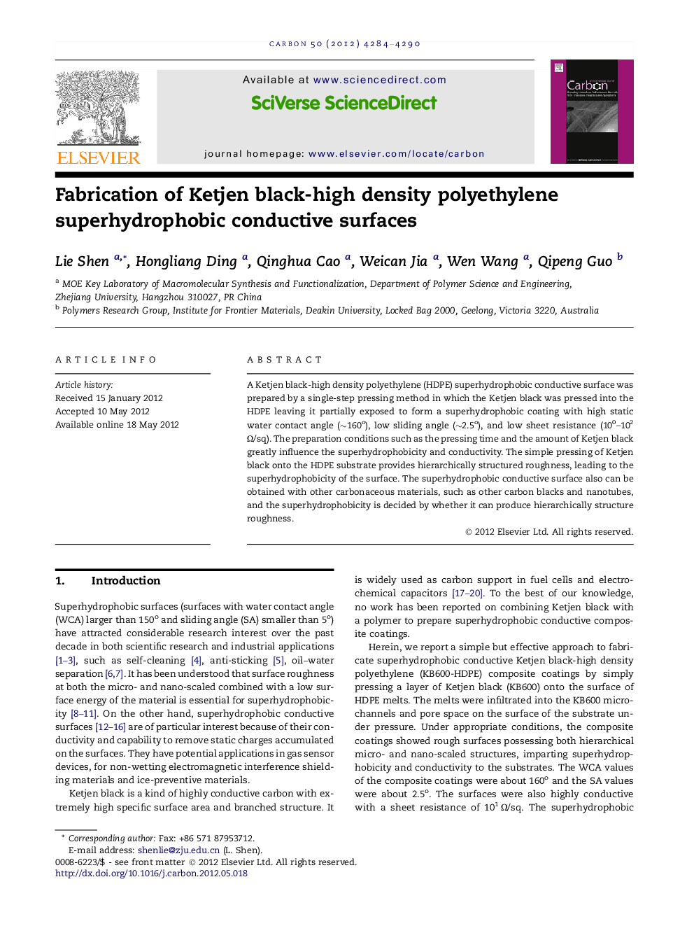 Fabrication of Ketjen black-high density polyethylene superhydrophobic conductive surfaces