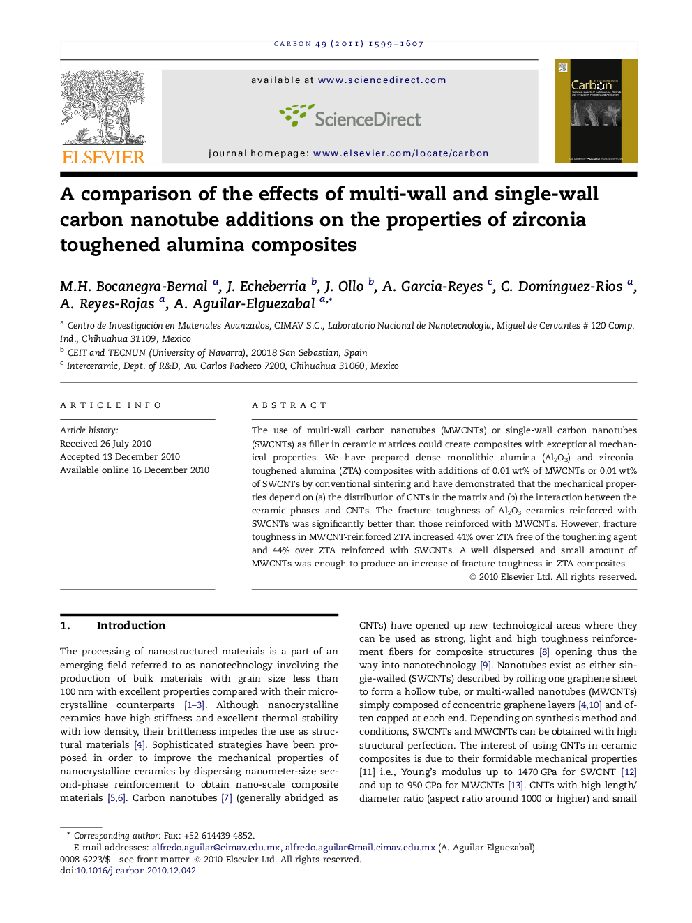 A comparison of the effects of multi-wall and single-wall carbon nanotube additions on the properties of zirconia toughened alumina composites