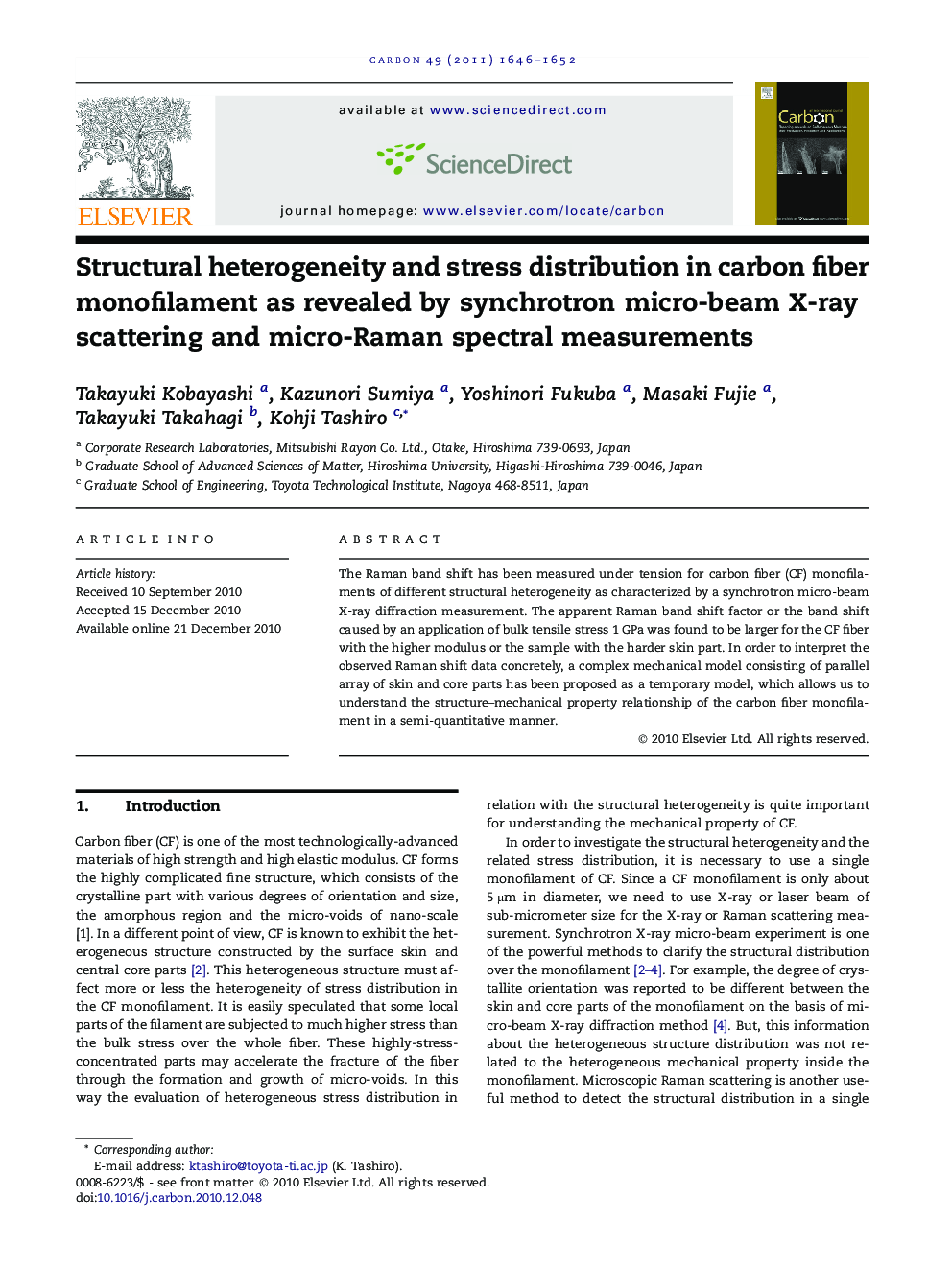 Structural heterogeneity and stress distribution in carbon fiber monofilament as revealed by synchrotron micro-beam X-ray scattering and micro-Raman spectral measurements