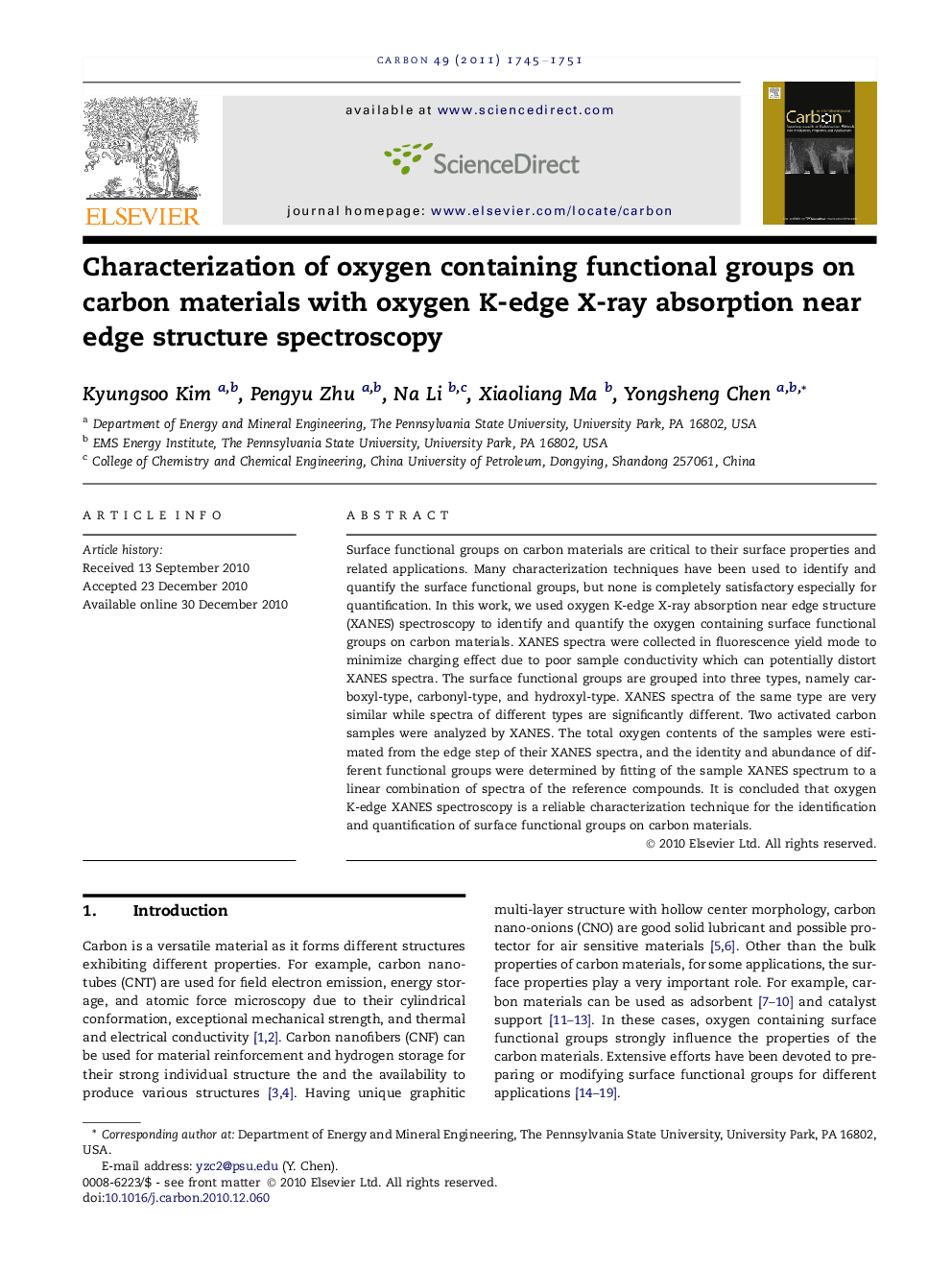 Characterization of oxygen containing functional groups on carbon materials with oxygen K-edge X-ray absorption near edge structure spectroscopy