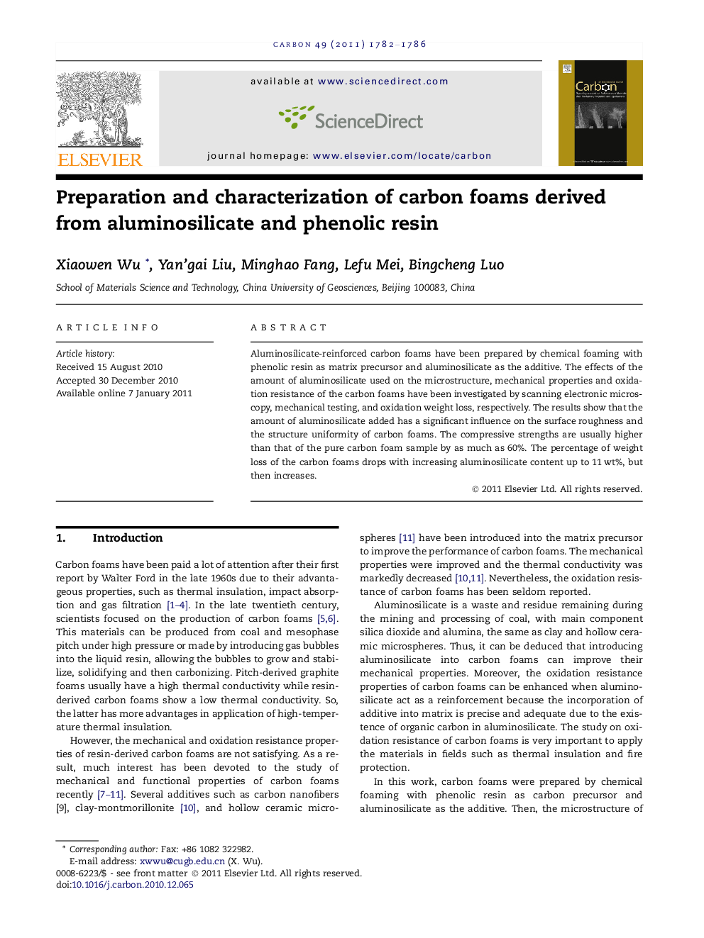 Preparation and characterization of carbon foams derived from aluminosilicate and phenolic resin