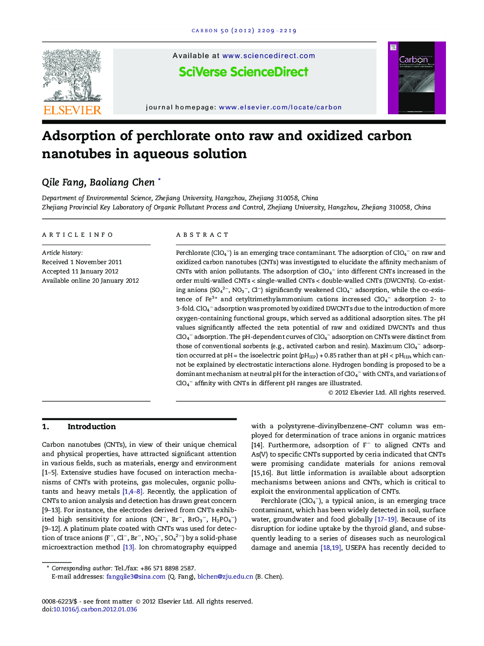 Adsorption of perchlorate onto raw and oxidized carbon nanotubes in aqueous solution
