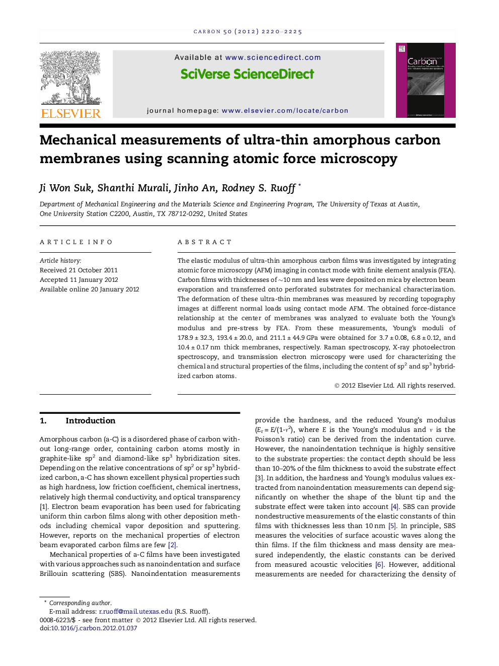 Mechanical measurements of ultra-thin amorphous carbon membranes using scanning atomic force microscopy