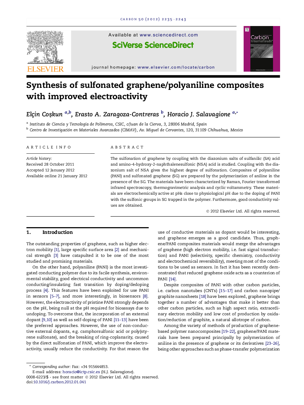 Synthesis of sulfonated graphene/polyaniline composites with improved electroactivity