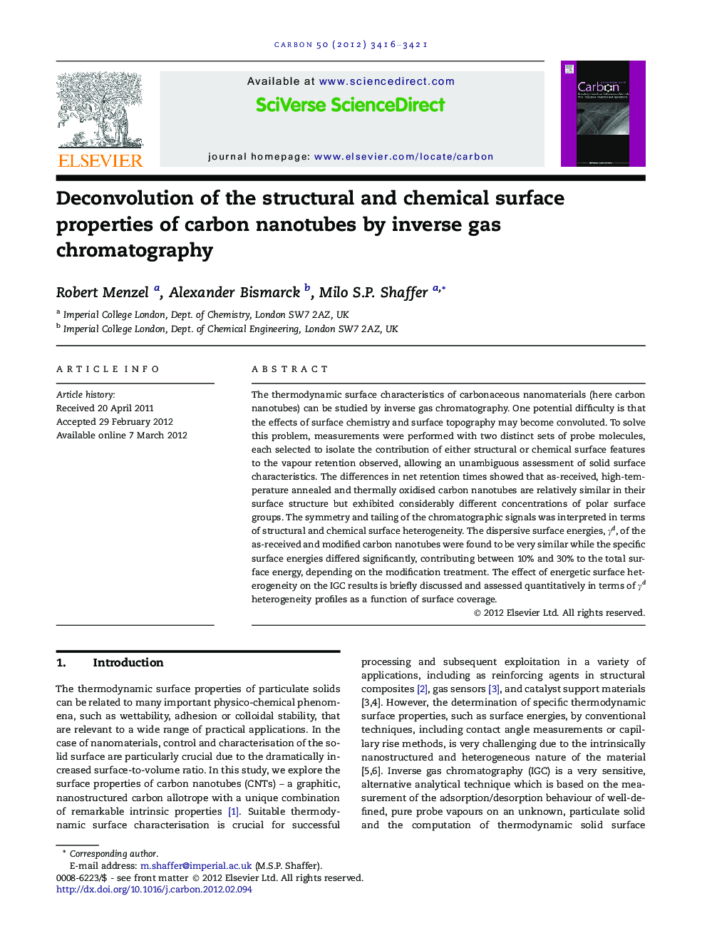 Deconvolution of the structural and chemical surface properties of carbon nanotubes by inverse gas chromatography
