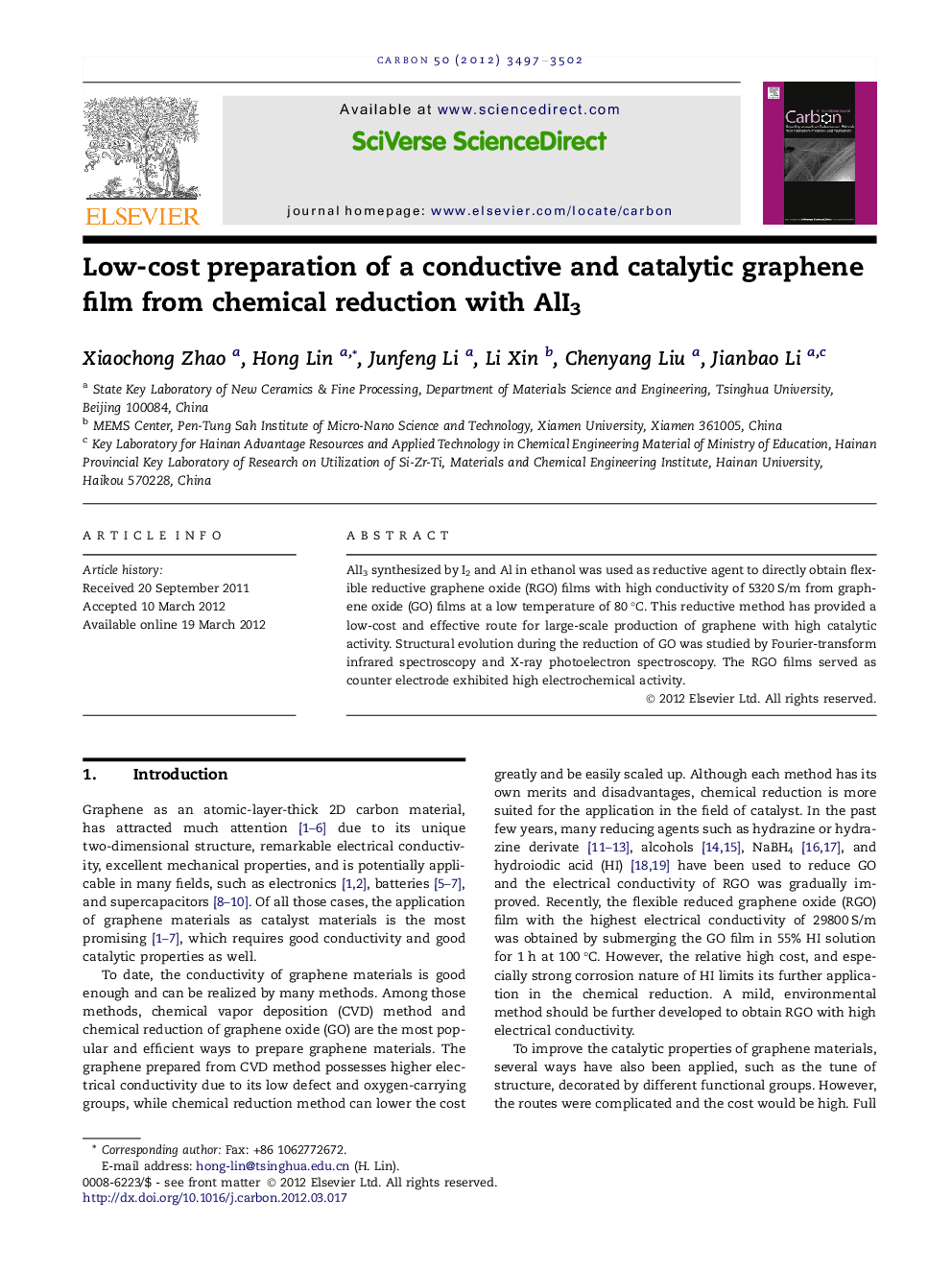 Low-cost preparation of a conductive and catalytic graphene film from chemical reduction with AlI3