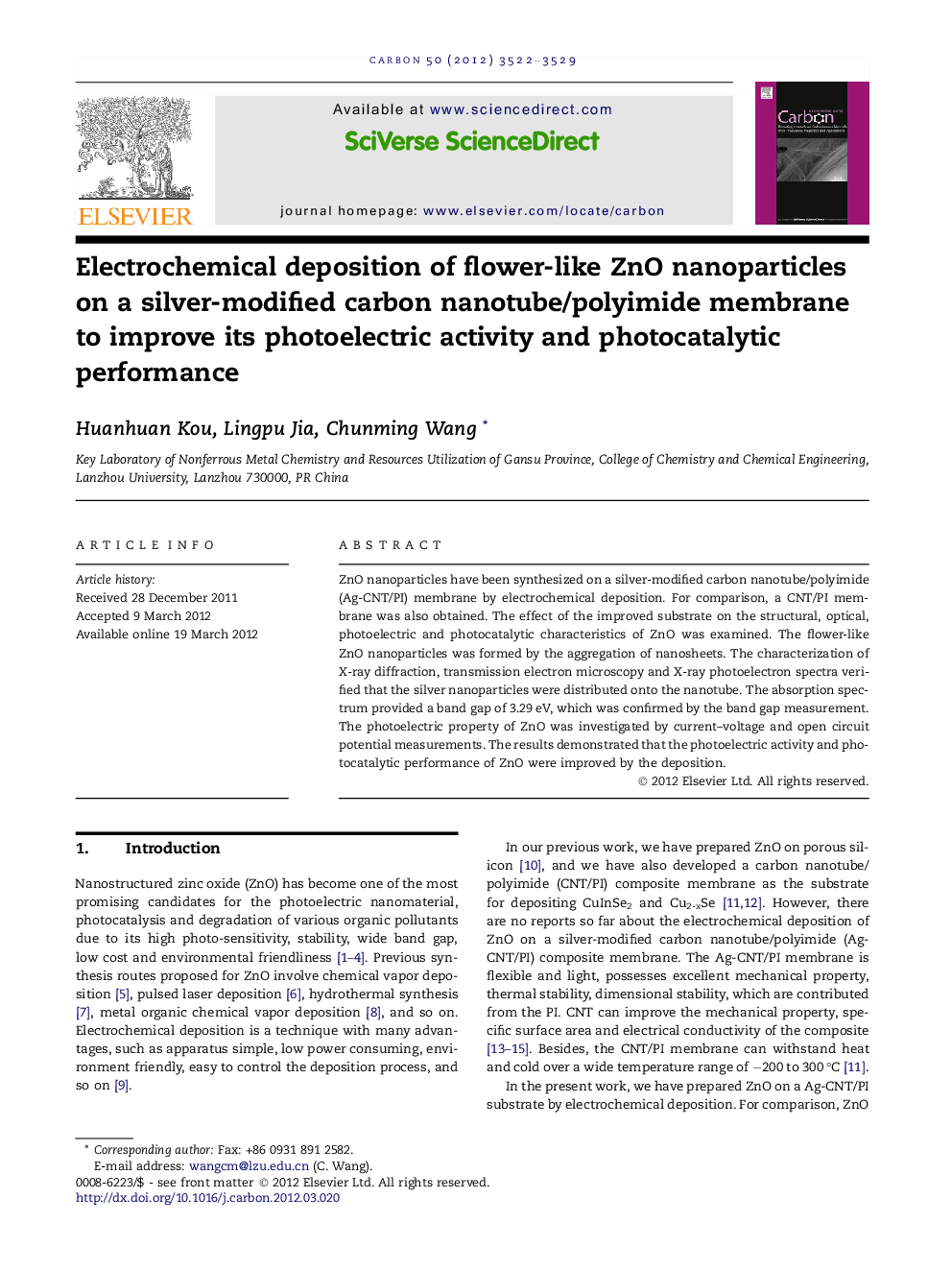 Electrochemical deposition of flower-like ZnO nanoparticles on a silver-modified carbon nanotube/polyimide membrane to improve its photoelectric activity and photocatalytic performance