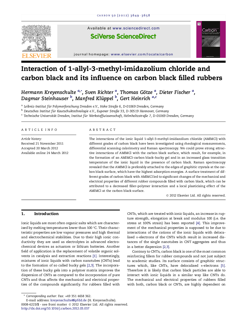 Interaction of 1-allyl-3-methyl-imidazolium chloride and carbon black and its influence on carbon black filled rubbers