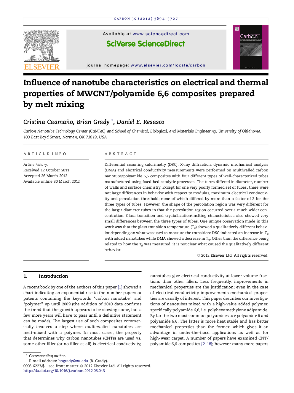 Influence of nanotube characteristics on electrical and thermal properties of MWCNT/polyamide 6,6 composites prepared by melt mixing