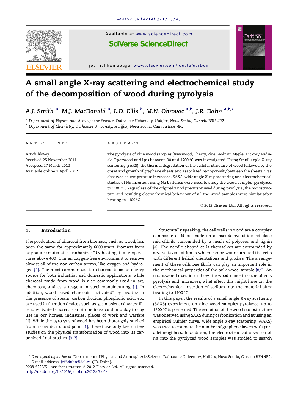 A small angle X-ray scattering and electrochemical study of the decomposition of wood during pyrolysis