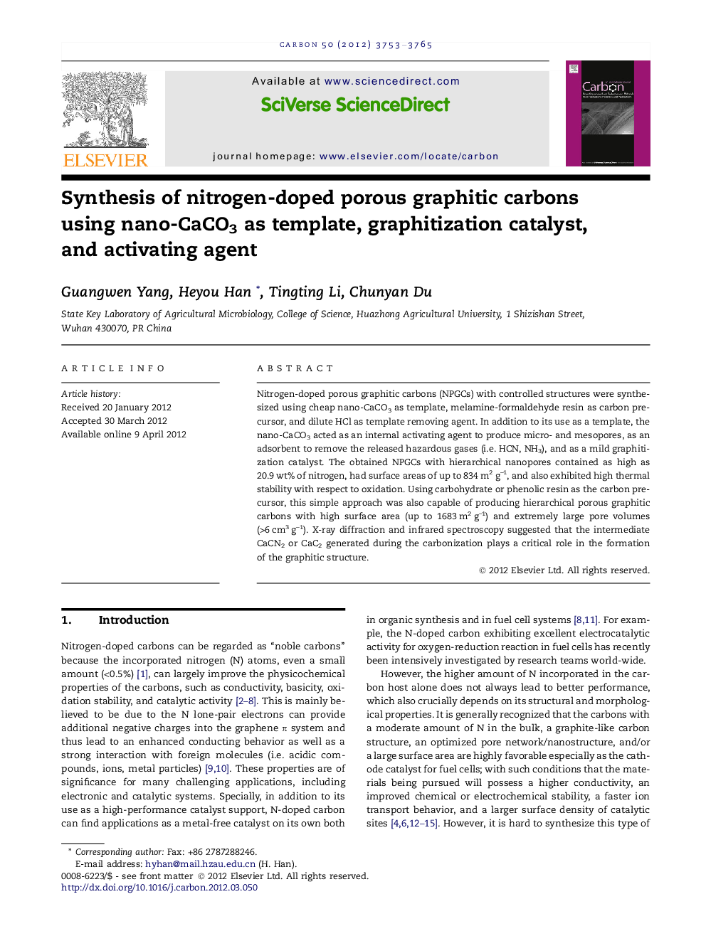 Synthesis of nitrogen-doped porous graphitic carbons using nano-CaCO3 as template, graphitization catalyst, and activating agent