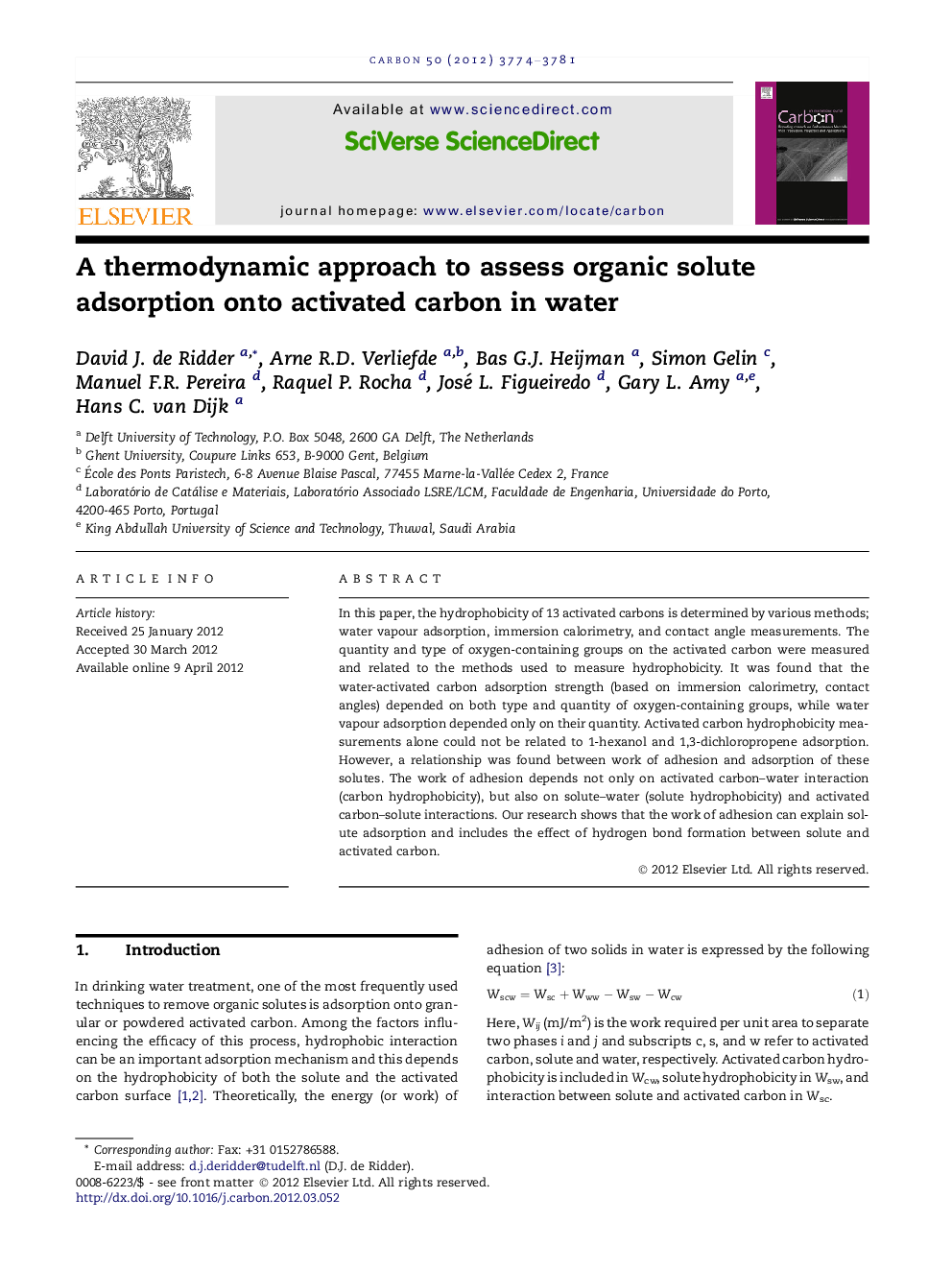A thermodynamic approach to assess organic solute adsorption onto activated carbon in water