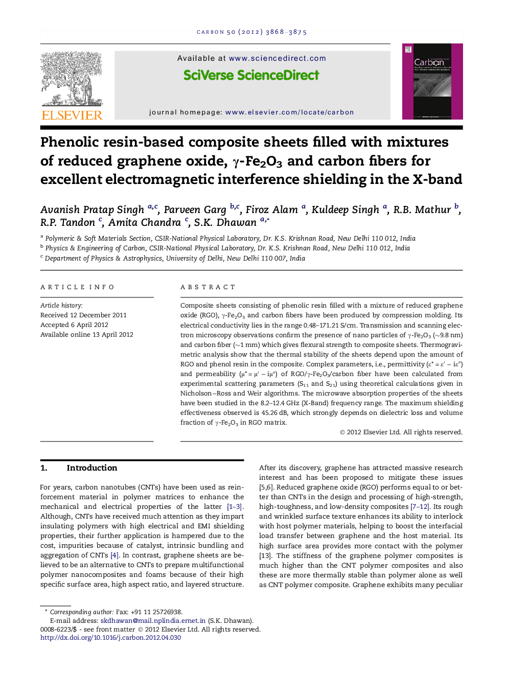 Phenolic resin-based composite sheets filled with mixtures of reduced graphene oxide, γ-Fe2O3 and carbon fibers for excellent electromagnetic interference shielding in the X-band