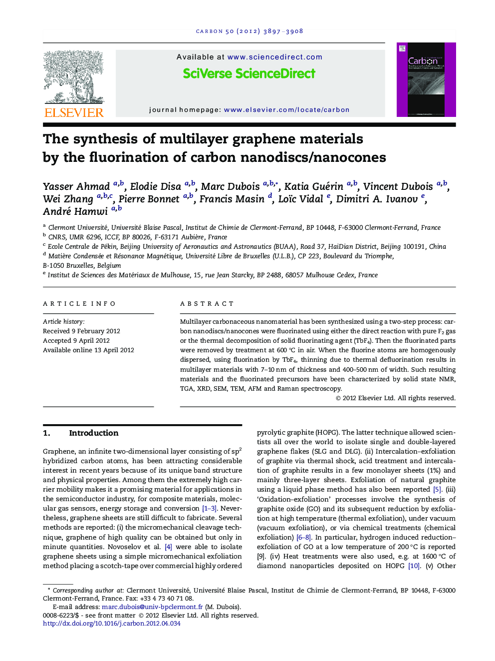 The synthesis of multilayer graphene materials by the fluorination of carbon nanodiscs/nanocones