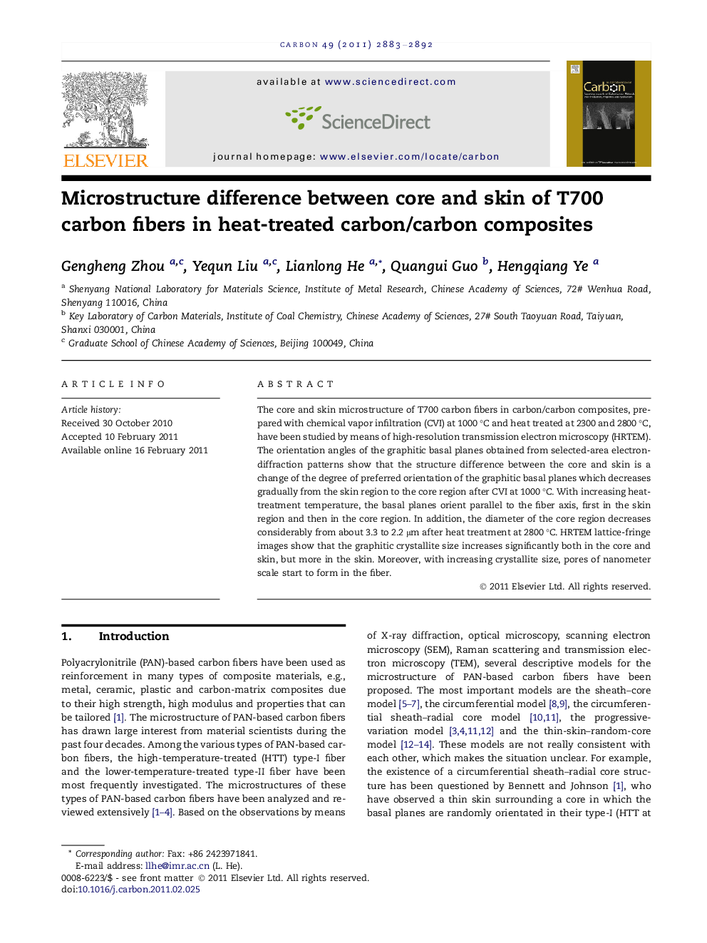عکس صفحه اول مقاله: Microstructure difference between core and skin of T700 carbon fibers in heat-treated carbon/carbon composites Microstructure difference between core and skin of T700 carbon fibers in heat-treated carbon/carbon composites