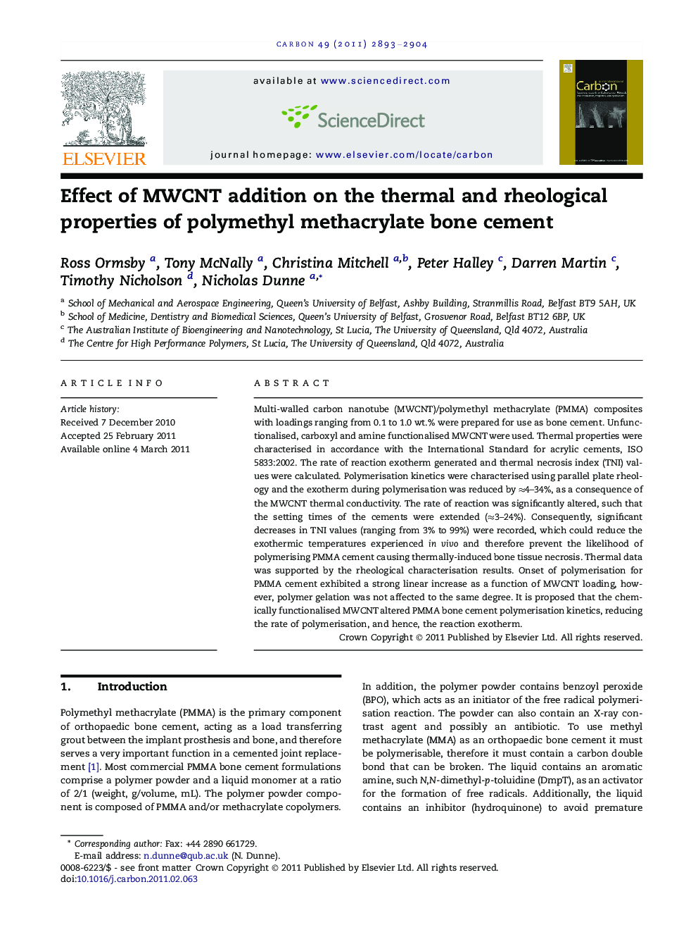 عکس صفحه اول مقاله: Effect of MWCNT addition on the thermal and rheological properties of polymethyl methacrylate bone cement Effect of MWCNT addition on the thermal and rheological properties of polymethyl methacrylate bone cement