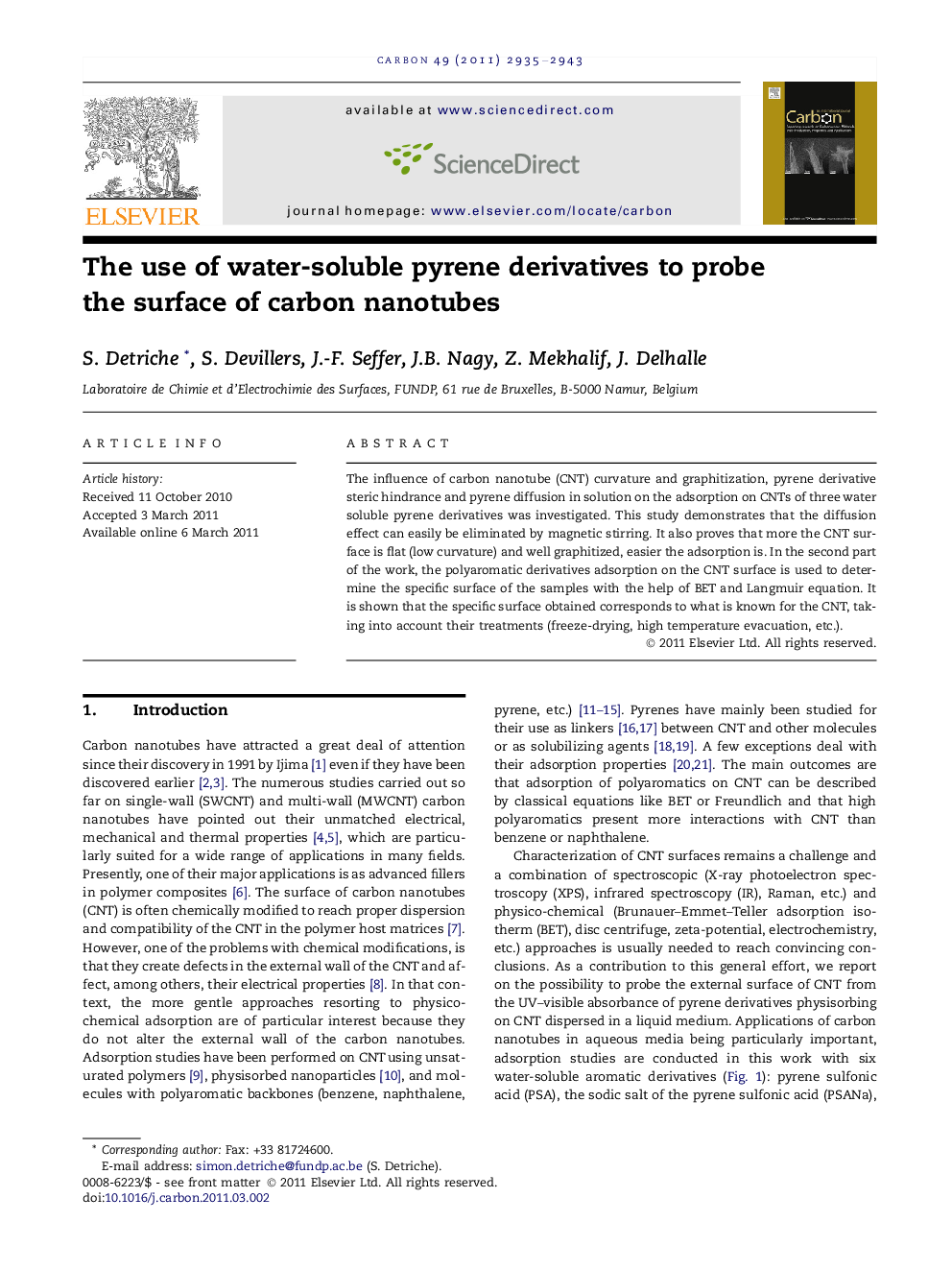 عکس صفحه اول مقاله: The use of water-soluble pyrene derivatives to probe the surface of carbon nanotubes The use of water-soluble pyrene derivatives to probe the surface of carbon nanotubes